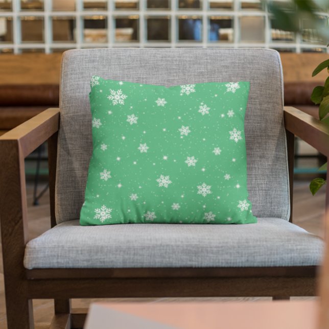 Cute Stars Snowflakes Green Winter Pattern Throw Pillow (Creator Uploaded)