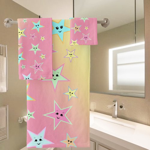 Cute stars with faces in pastel colors   bath towel set