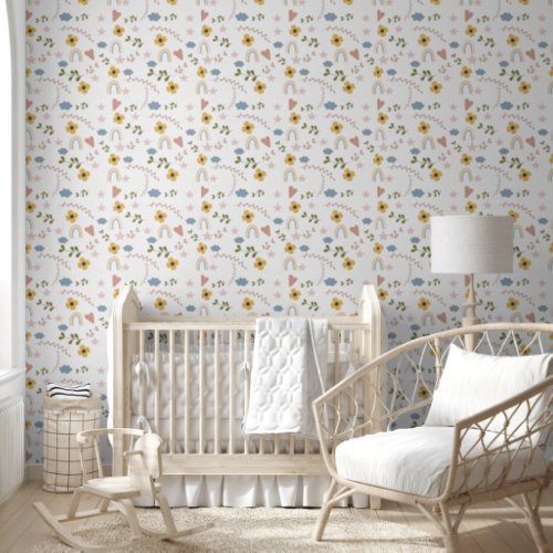 Cute Stars Yellow Flowers Hearts Rainbows Nursery Wallpaper