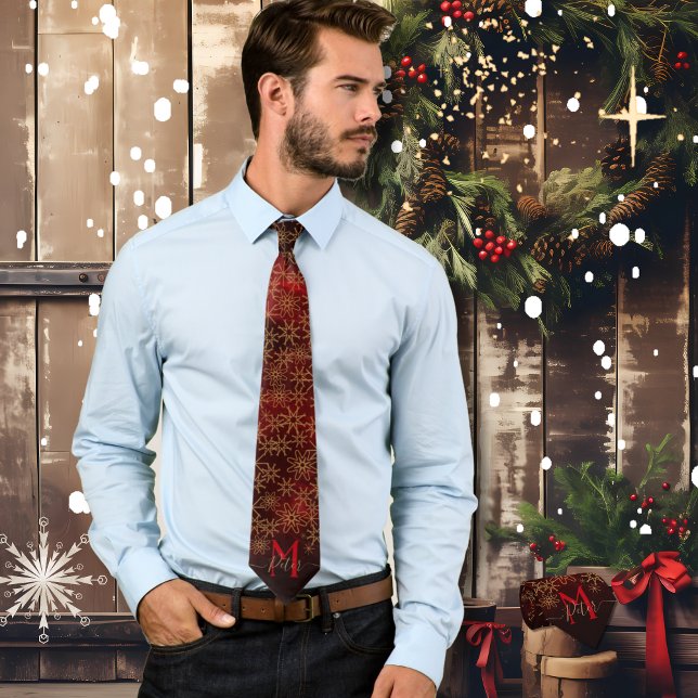Cute Start Pattern Monogram Red Gold Christmas Tie (Elegant Pattern Monogram Red Gold Neck Tie)