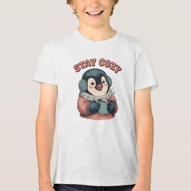 Cute Stay Cozy Penguin Drinking Hot Cocoa Hat Tri-Blend Shirt (Front)