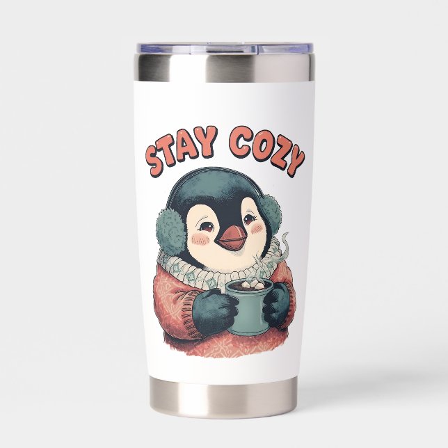 Cute Stay Cozy Penguin Drinking Hot Cocoa T-Shirt Insulated Tumbler (Front)