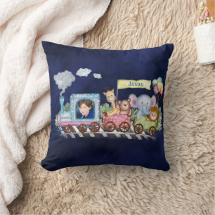 Cute steam train custamizable photo throw pillow