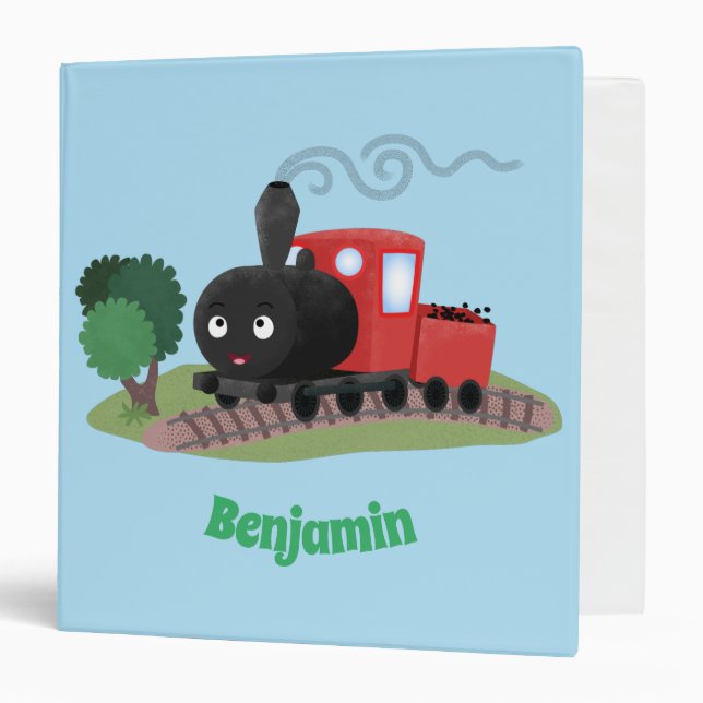 Cute steam train locomotive cartoon illustration 3 ring binder (Front/Inside)