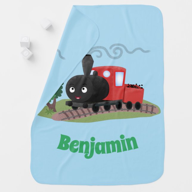 Cute steam train locomotive cartoon illustration baby blanket (In Situ)