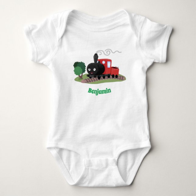 Cute steam train locomotive cartoon illustration baby bodysuit (Front)