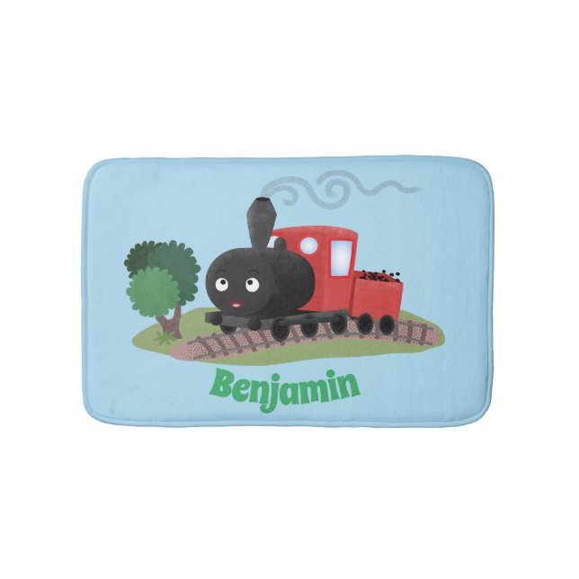 Cute steam train locomotive cartoon illustration bath mat (Front)