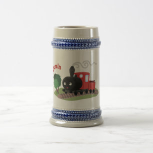 Cute steam train locomotive cartoon illustration beer stein