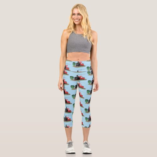 Cute steam train locomotive cartoon illustration capri leggings