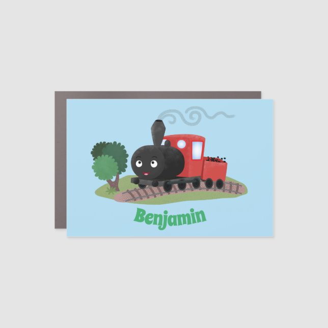 Cute steam train locomotive cartoon illustration car magnet (Front)