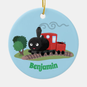 Cute steam train locomotive cartoon illustration ceramic ornament