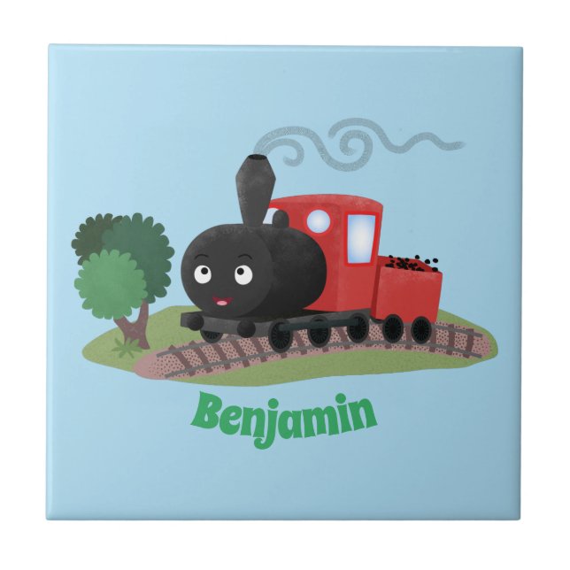 Cute steam train locomotive cartoon illustration ceramic tile (Front)