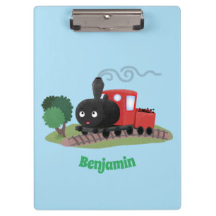 Cute steam train locomotive cartoon illustration clipboard