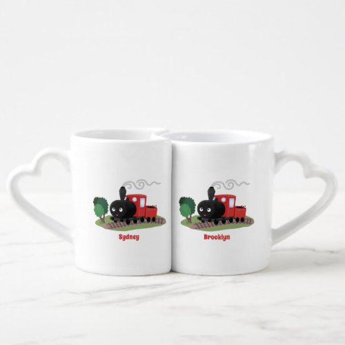 Cute steam train locomotive cartoon illustration coffee mug set