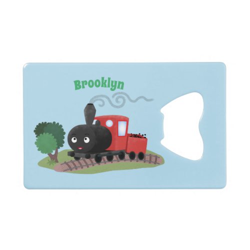 Cute steam train locomotive cartoon illustration credit card bottle opener