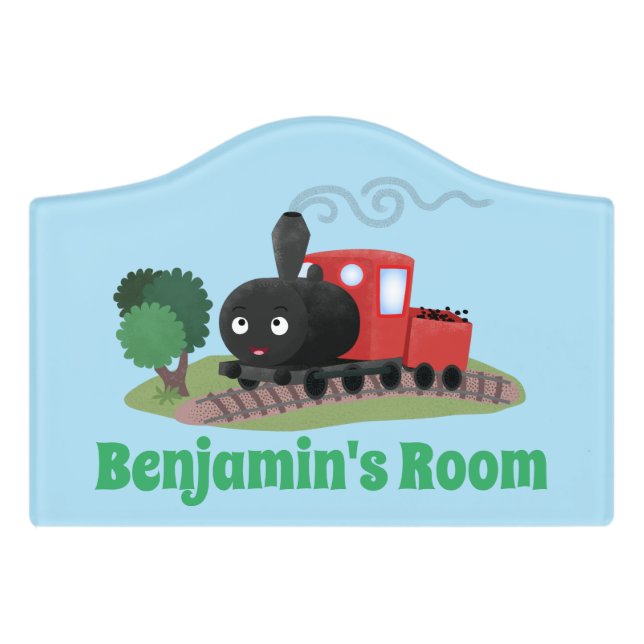 Cute steam train locomotive cartoon illustration door sign (Small Crest Front)