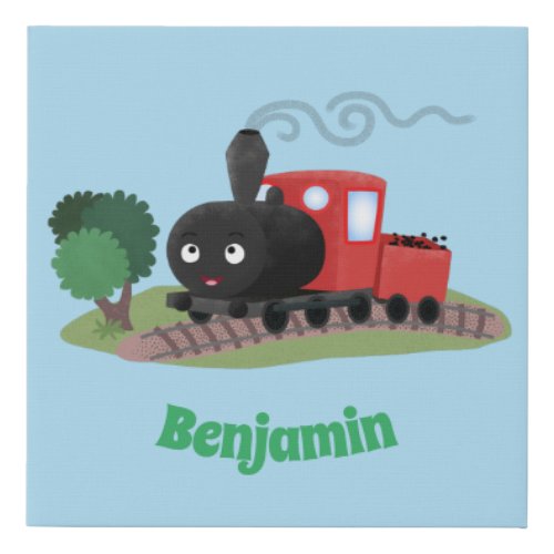 Cute steam train locomotive cartoon illustration faux canvas print