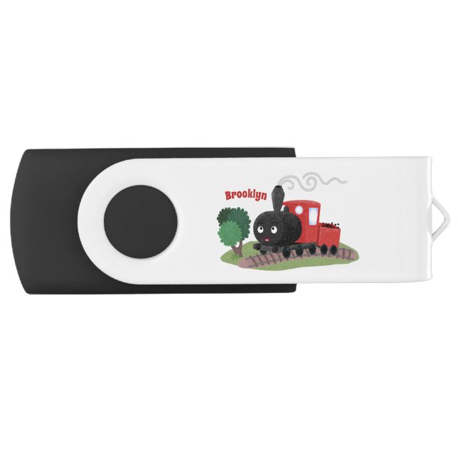 Cute steam train locomotive cartoon illustration flash drive (Front)