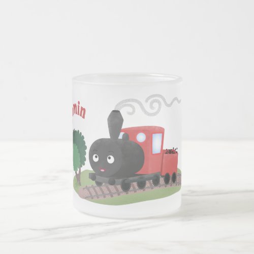 Cute steam train locomotive cartoon illustration frosted glass coffee mug
