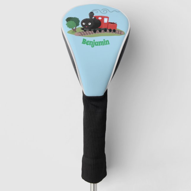Cute steam train locomotive cartoon illustration golf head cover (Front)
