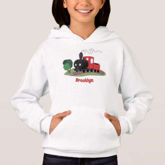 Cute steam train locomotive cartoon illustration hoodie (Front)