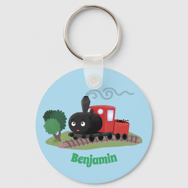 Cute steam train locomotive cartoon illustration keychain (Front)
