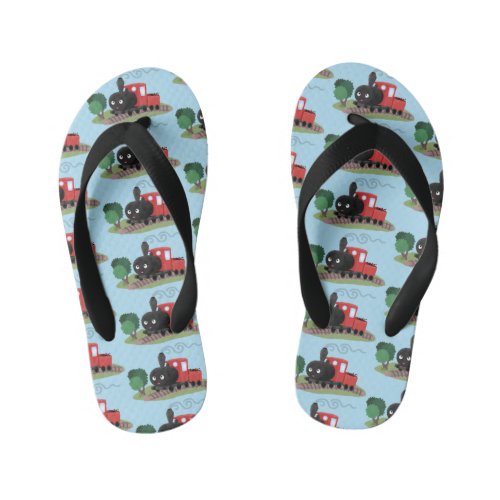 Cute steam train locomotive cartoon illustration kids flip flops