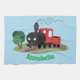 Cute steam train locomotive cartoon illustration kitchen towel