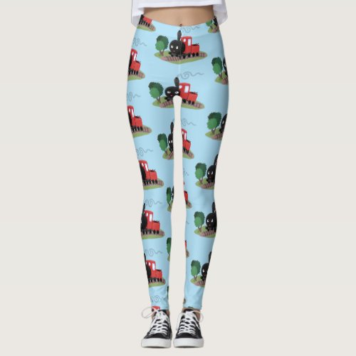 Cute steam train locomotive cartoon illustration leggings