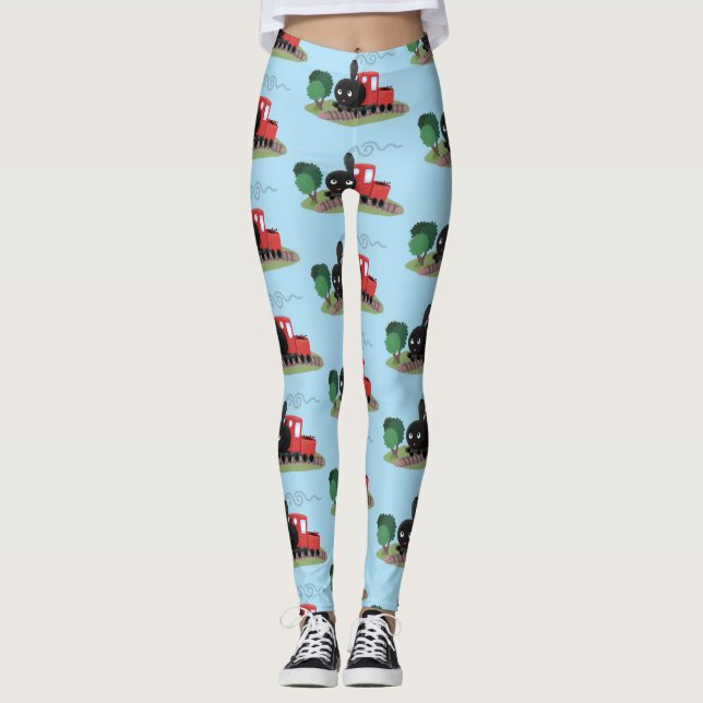 Cute steam train locomotive cartoon illustration leggings (Front)