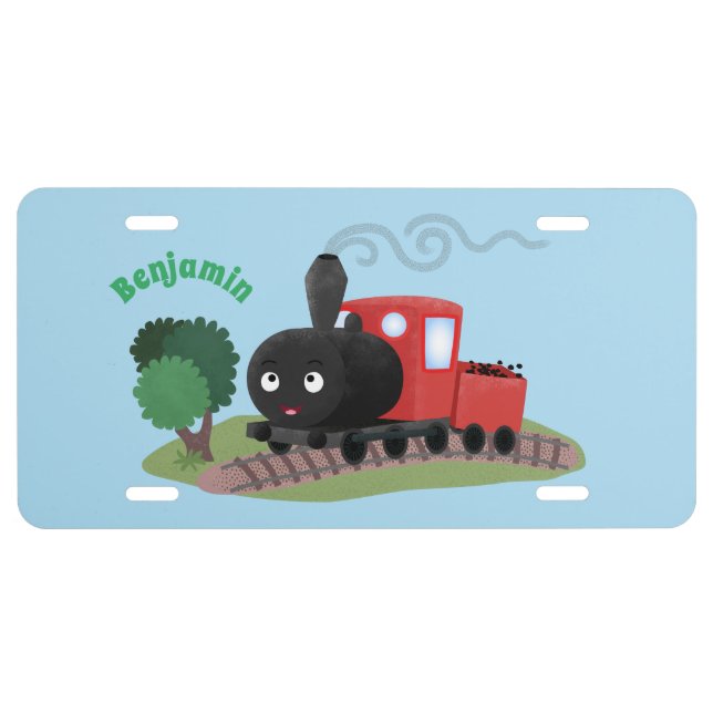 Cute steam train locomotive cartoon illustration  license plate (Front)