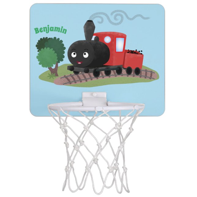 Cute steam train locomotive cartoon illustration mini basketball hoop (Front)