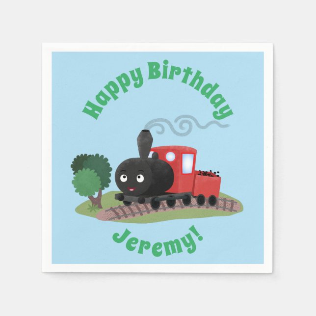 Cute steam train locomotive cartoon illustration napkins (Front)