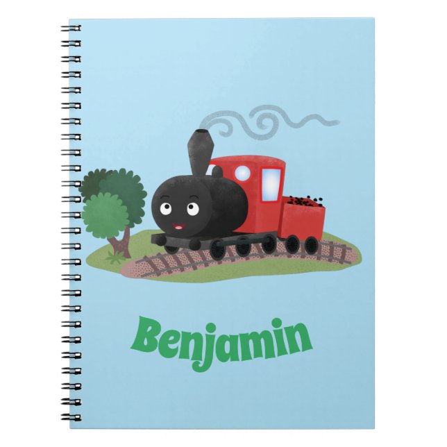 Cute steam train locomotive cartoon illustration notebook (Front)