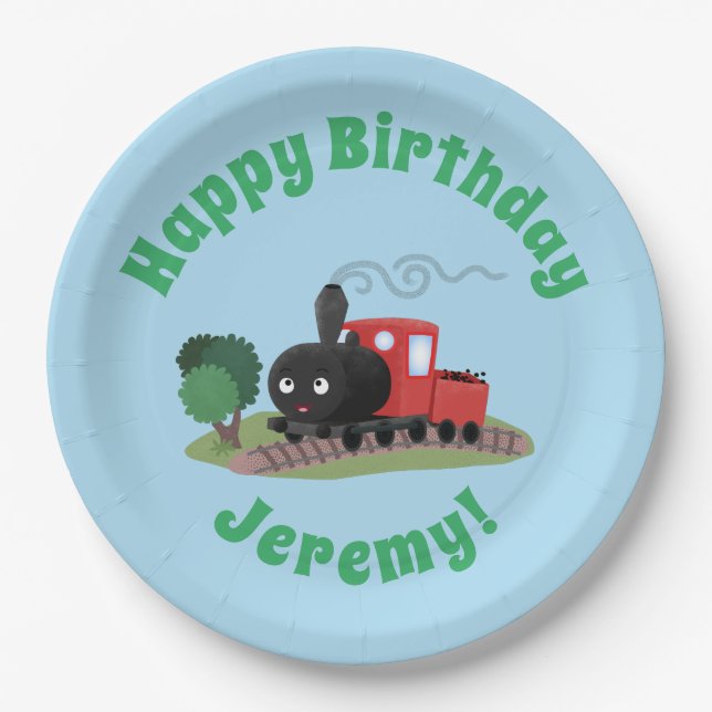 Cute steam train locomotive cartoon illustration paper plates (Front)