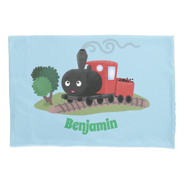 Cute steam train locomotive cartoon illustration pillow case (Front)