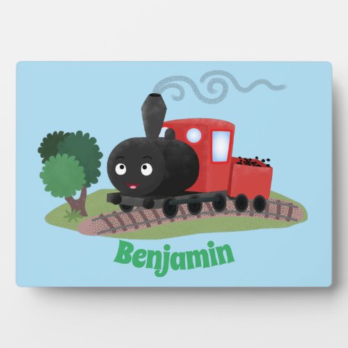 Cute steam train locomotive cartoon illustration plaque