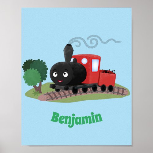 Cute steam train locomotive cartoon illustration poster