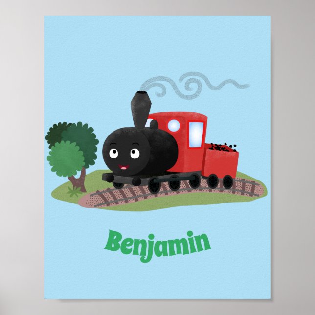 Cute steam train locomotive cartoon illustration poster (Front)