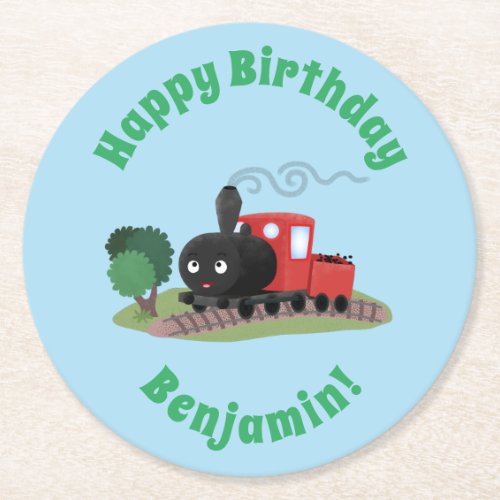 Cute steam train locomotive cartoon illustration round paper coaster