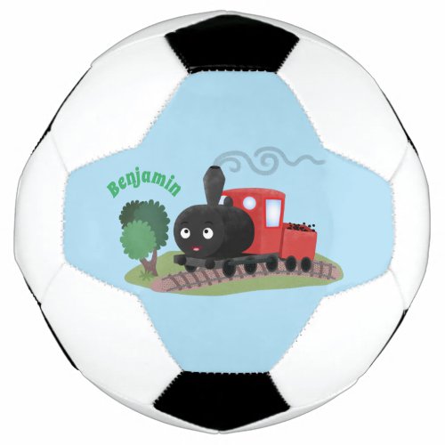 Cute steam train locomotive cartoon illustration soccer ball