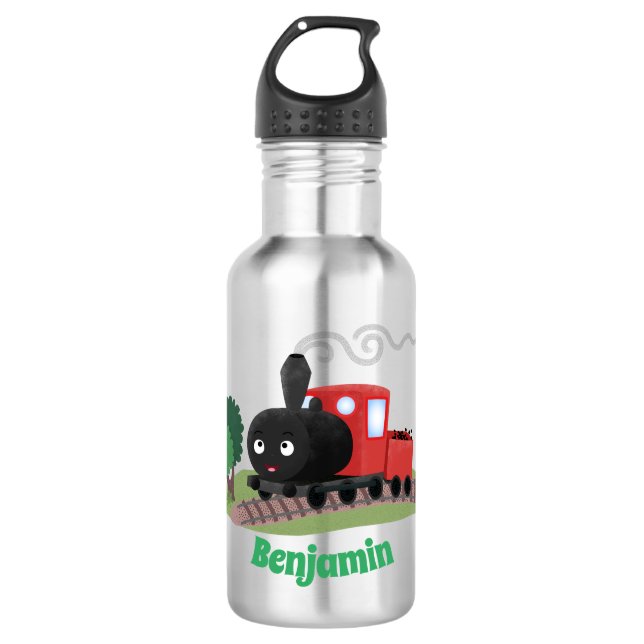 Cute steam train locomotive cartoon illustration stainless steel water bottle (Front)