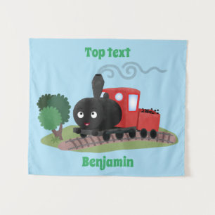 Cute steam train locomotive cartoon illustration tapestry
