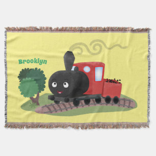 Cute steam train locomotive cartoon illustration throw blanket