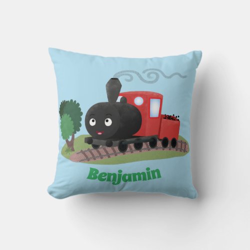 Cute steam train locomotive cartoon illustration throw pillow