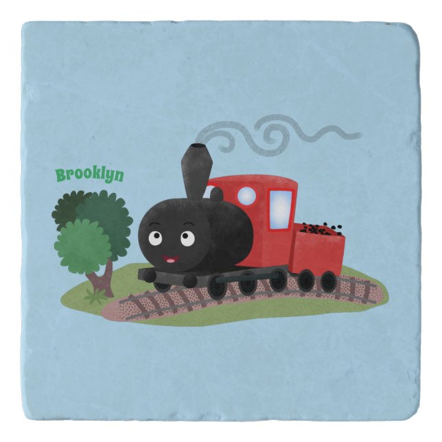 Cute steam train locomotive cartoon illustration trivet (Front)