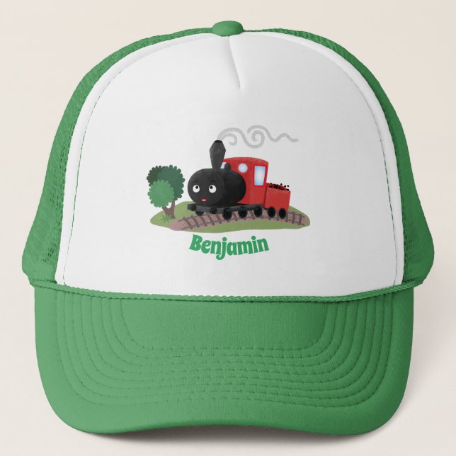 Cute steam train locomotive cartoon illustration trucker hat (Front)