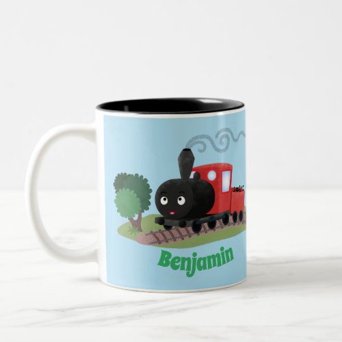 Cute steam train locomotive cartoon illustration Two_Tone coffee mug