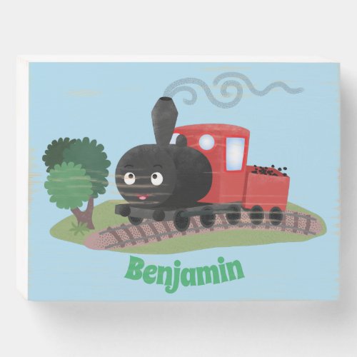 Cute steam train locomotive cartoon illustration wooden box sign