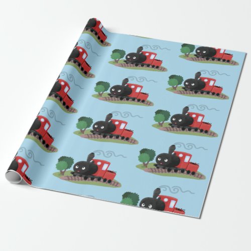 Cute steam train locomotive cartoon illustration wrapping paper